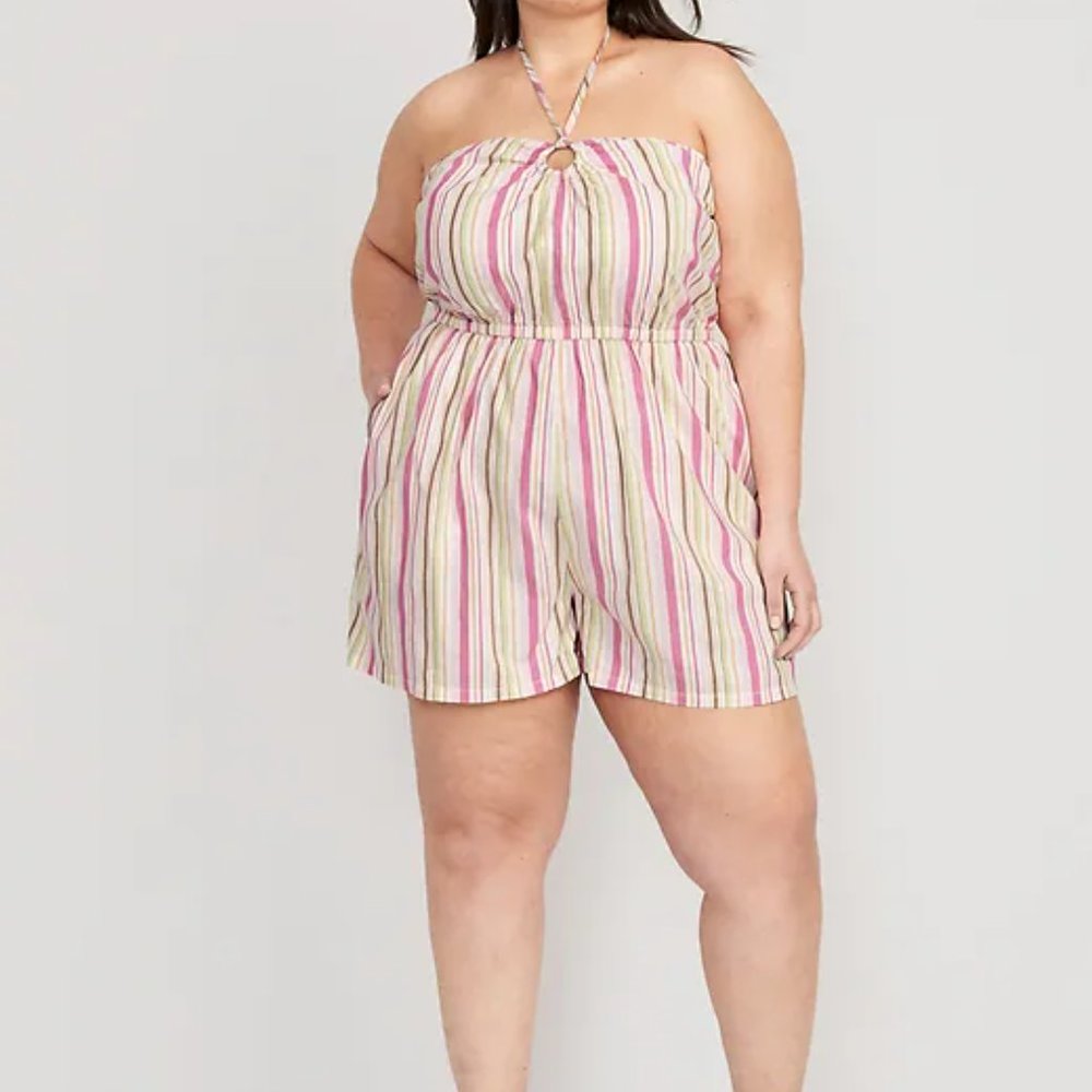 Old Navy Pink, Green & Cream Striped Halter Romper